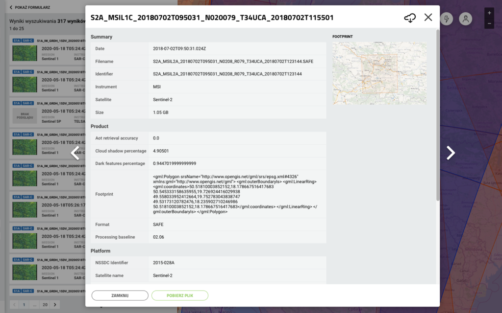 Modal dane surowe Sentinel