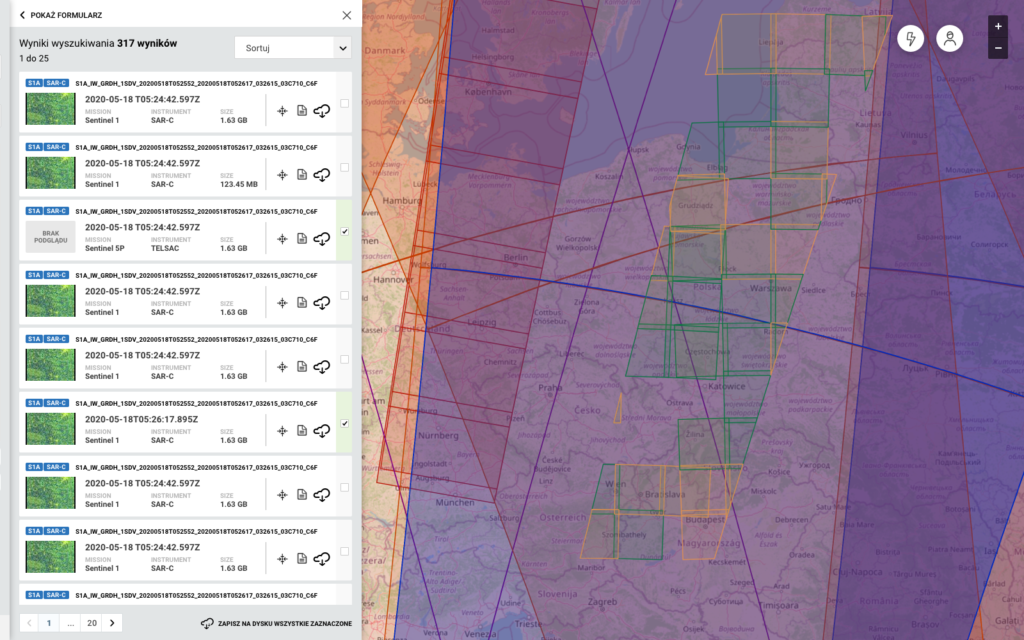 Wynik wyszukiwania z danymi